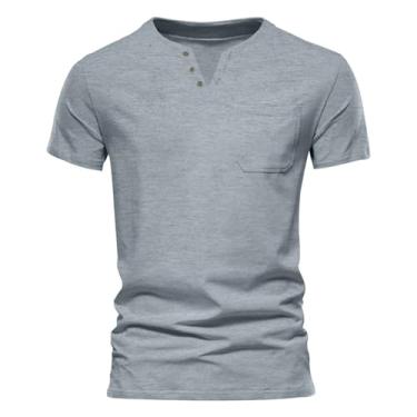 Imagem de Camisetas masculinas manga curta slim fit cor sólida gola V esportes Henley camisa com bolso, Cinza-claro, G