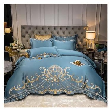 Imagem de Jogo de lençol de cama / lençol com elástico com quatro peças de algodão de alta qualidade capa de edredom para casamento queen (azul 1,5 m cama 4 peças)