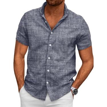 Imagem de EFAN Camisa masculina de linho havaiana de manga curta casual com botões flanela roupas de trabalho, Cinza-escuro, M