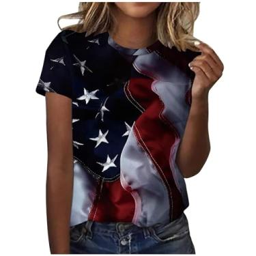 Imagem de Camiseta feminina 4 de julho moderna de verão gola redonda manga curta blusas elegantes camisas patrióticas camiseta de ajuste solto, A02 multicolorido, GG