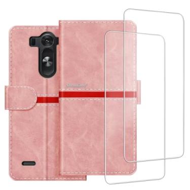 Imagem de ESACMOT Capa de celular compatível com LG G3S + [2 unidades] película protetora de tela de vidro, capa protetora magnética de couro premium para LG G3 Beat (5 polegadas) rosa
