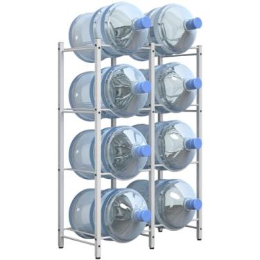 Imagem de mocomax Suporte de jarro de água de 5 galões, suporte removível para 8 garrafas, rack de jarro resistente de 4 níveis, organizador de garrafas de água para cozinha, escritório, sala de estar, branco