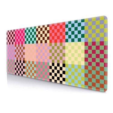 Imagem de HUOCAIREN Colorfull Tabuleiro de damas grande mousepad, base de borracha com bordas costuradas, tapete de mouse geométrico quadriculado grande para computador, mesa para escritório, casa