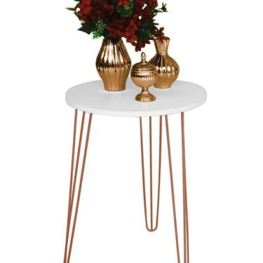 Imagem de Mesa De Canto Redonda Mdf 35Cm Pé De Ferro Metal Hairpin