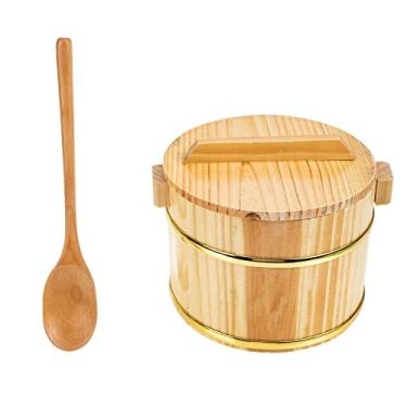 Imagem de YJIUYUANQ Prato de balde de arroz chinês de madeira prato de sushi restaurante prato de sushi japonês recipiente de comida coreana utensílio de cozinha molde de arroz, (M 18 cm), 1 conjunto