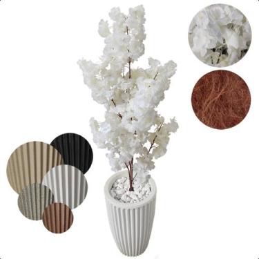 Imagem de Flor Cerejeira Branca Japonesa Arranjo Artificial com Vaso de Decoraçã