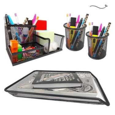 Imagem de Kit Porta Caneta, Bandeja Organizadora e Organizador de Mesa Preto - M