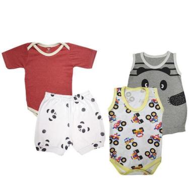 Imagem de Kit Bebê 4 Peças Body Curto Macacão e Shorts Estampado Verão - Koala B