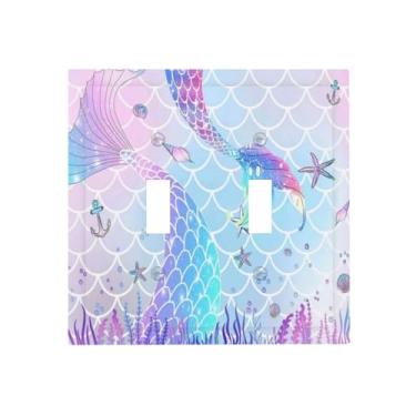Imagem de Colorido fofo infantil menina roxo rosa oceano cauda sereia concha estrela do mar glitter 2 gangues interruptor de luz elétrico duplo interruptor de luz placa de parede receptáculo rosto placa de