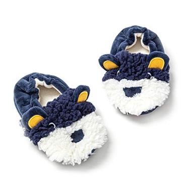 Imagem de Pantufas infantis para meninos com desenho de animais fofos de pelúcia quente para casa, Azul-marinho/cachorro, 18-19