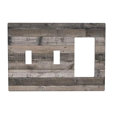 Imagem de Placa de parede combinada de madeira rústica cinza 2 interruptores 1 tampa de tomada basculante 3 capas decorativas para interruptor de luz de fazenda de 11 x 16,38 cm