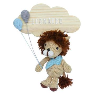 Imagem de Porta Maternidade Nuvem Leão de Cachecol Azul com Bexigas Quarto Bebê 