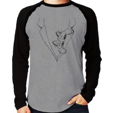 Imagem de Camiseta Raglan Gato no terno Manga Longa - Foca na Moda, Cinza, Preto