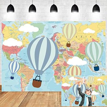 Imagem de DORCEV Balão de ar quente de 2,1 x 1,5 m cenário de aniversário bebê aventura Oh The Places You'll Go desenho animado mapa do mundo fundo para crianças chá de bebê decoração de festa nuvens brancas