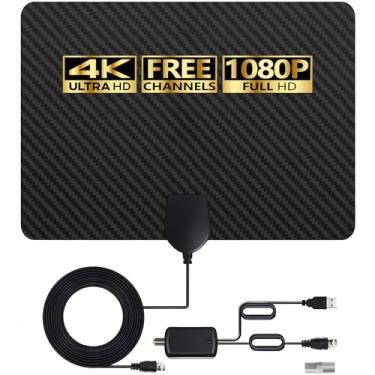 Imagem de Antena de TV interna para canais locais - Antena HDTV digital amplificada HD 4K com amplificador de sinal - Recepção de 360° de longa duração, suporte aéreo para todos os tipos de TV