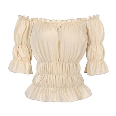 Imagem de Parlsdy Blusas femininas com saia de pirata vitoriana, fantasia steampunk plus size, camisa renascentista, Bege, XX-Large