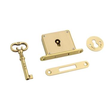 Imagem de Fenteer Conjunto de fechadura de armário com chave, fechadura de porta de armário de latão, resistente, decoração de casa, móveis, design vintage para caixa, Ouro, Fechadura