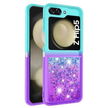 Imagem de para Samsung ZFlip 5 4 3 5G Glitter Quicksand Case para Samsung Galaxy Z Flip 5 Flip4 flip3 Gradient Love Heart Bling Cover, verde roxo, para Samsung Z Flip 3