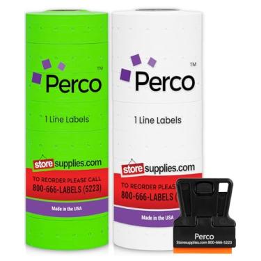 Imagem de Etiquetas de preço brancas e verdes para pistola de data e preço de linha Perco - uma manga branca e uma verde - 2 mangas, pacote combo de 16 rolos - 16.000 etiquetas de marcação de preço - com