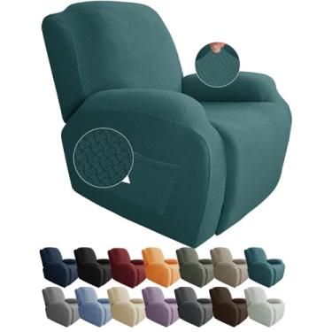 Imagem de Capas de cadeira reclináveis JIVINER de 4 peças de em jacquard para poltrona reclinável para cadeira reclinável para sala de estar, protetor reclinável macio com bolso (reclinável, azul pavão)