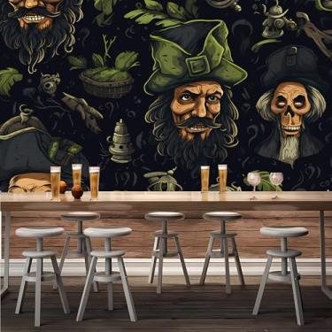 Imagem de Lcythiazole Papel de parede de pirata com tamanho personalizável mural caveira fantasma fundo verde escuro para restaurante, sala de estar, quarto, escritório, autoadesivo