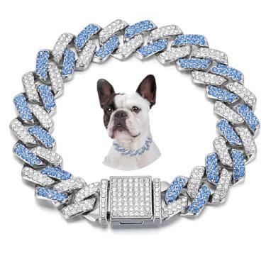 Imagem de Colar azul com coleira de cachorro, colar de strass, corrente de glitter, diamante brilhante, elos cubanos, para cães pequenos, médios e grandes, 50,8 cm