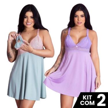 Imagem de Kit 2 Camisolas de Amamentação Renda Fecho Prático Pós Parto Gestante 