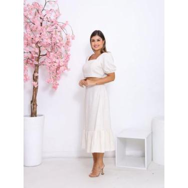 Imagem de Conjunto Feminino Linho Premium Saia Midi e Blusa Manga Bufante Fashio