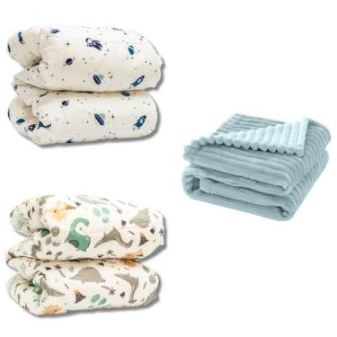 Imagem de Cobertor 3pçs Bebê Wave Berço Azul e Edredom Astro e Dino - Neném Na N