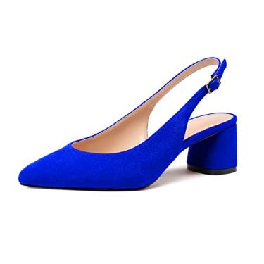 Imagem de Sammitop Sandália feminina de salto médio com salto alto e bico amêndoa, sapato social clássico, Camurça azul, 5