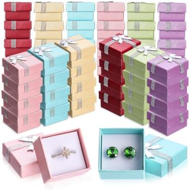 Imagem de Yinkin Conjunto de 120 peças de caixa de presente de anel de papelão com laço quadrado de cores sortidas pequena caixa de presente dura brinco caixa de joias para aniversários, dia das mães, 1,6 x 1,6