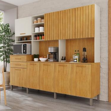 Imagem de Cozinha Compacta 9 Portas 2 Gavetas Louvre Cinamomo / Off White Acetinado