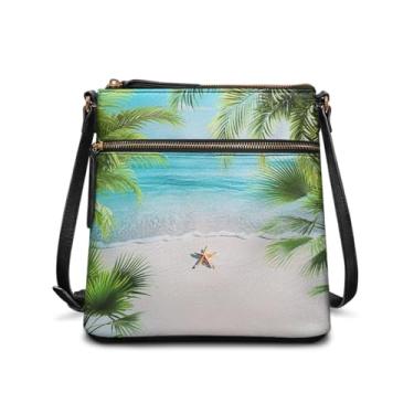 Imagem de Rchsomd Bolsas transversais de couro para mulheres, bolsa Hobo com alça grande, bolsa carteiro moderna com fecho de zíper para encontros e compras, Praia de palmeira estrela-do-mar, One Size