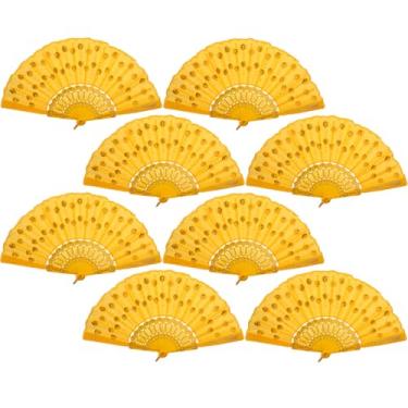 Imagem de QIRMIZI 50 peças de ventiladores portáteis dobráveis – Fãs espanhóis para mulheres – a granel para festas, casamentos, igreja, dança, festivais de música, carnavais, decoração de eventos EDM, amarelo