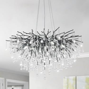 Imagem de NIUZDU Lustres Para Sala De Jantar - Lustre Moderno De Cristal Preto De 31,5", Lustre Redondo Em Formato De Gota De Chuva Com Galhos De Árvores, Lustres Para Hall De Entrada, Sala De Estar, Quartos