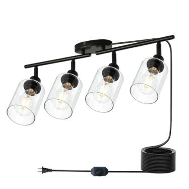 Imagem de vivihobb Luminária De Teto Regulável Com 4 Luzes, Kit De Iluminação De Trilho Preto Moderno Com Cabo Extra Longo De 16,5 Pés, Cúpula De Vidro Transparente, Cabeça De Luz Giratória Flexível, Estilo