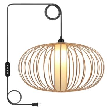 Imagem de LALISU Luminária Pendente De Vime Com Encaixe, Luminária Suspensa Estilo Boho Com Abajur Trançado, Luminária De Teto Com Ajuste De 3 Vias E Temporizador Para Sala De Estar, Quarto, Casa De Fazenda (