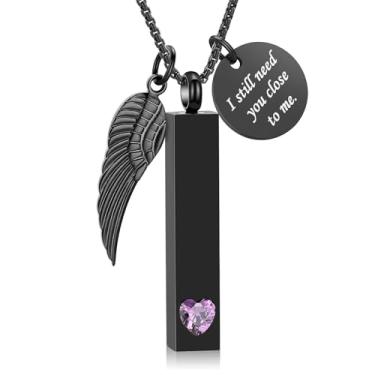 Imagem de Oinsi Joias de cremação para cinzas com pingente de asa de anjo colar de urna de barra vertical coração pedra do mês de nascimento em aço inoxidável pingente memorial lembrança para mulheres e homens