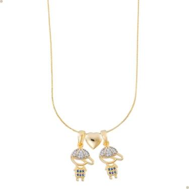 Imagem de Colar de Filhos filha casal Pingente Menino ou Menina Banhado Ouro 18K Corrente com Coração Pingentes Exclusivo e Elegante e Antialergico (2 MENINOS)