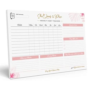 Imagem de Perfect Planner Company - Bloco de mesa semanal para rastreador de hábitos - Agenda A4 sem data - Design removível - Rotinas semanais matinais e noturnas - Afirmações e principais objetivos papel FSC