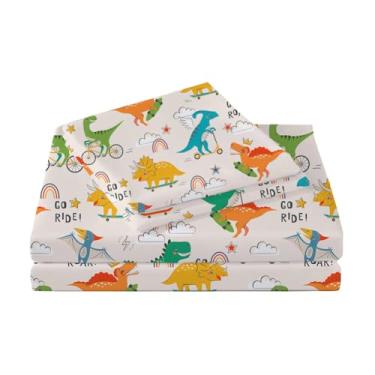 Imagem de ROLJZTY Jogo de lençol infantil solteiro com estampa de dinossauros fofos de microfibra com bolso profundo de 3 peças - Jogo de cama infantil confortável e respirável para meninos e meninas e