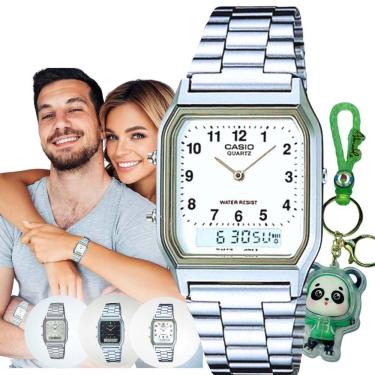 Imagem de Relógio Pulso Casio Unissex Vintage Feminino Masculino Pequeno Quadrado Digital Analógico Prova Dágua 3 ATM Prata AQ-230A + Chaveiro