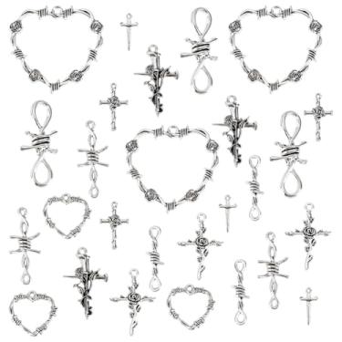 Imagem de PH PandaHall 9 estilos de pingentes para fabricação de joias, 54 peças de pingentes de cruz pingente de arame farpado pingentes de coração liga de liga, pingentes de corrente de mão para brinco, colar