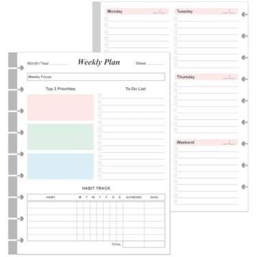 Imagem de Refil de planejador semanal sem data de 9 discos, tamanho clássico, 53 folhas/106 páginas, agenda semanal colorida para planejadores felizes, papel branco de 100 g/m², dura 1 ano, sem data, 18 x 23,5