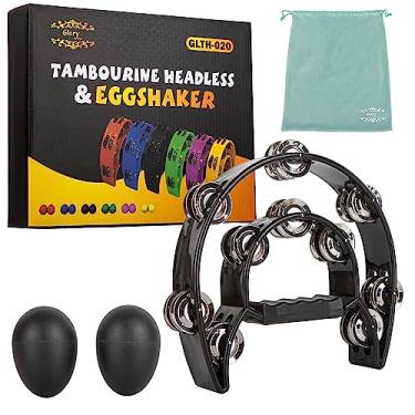 Imagem de Pandeiro Glory Double Row, meia lua dupla fileira de metal Jingles instrumentos de mão de percussão com pega, pandeiros para adultos, festa, presente, preto