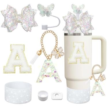 Imagem de Liangang Conjunto De 7 Acessórios Para Copos Brancos Stanley 30 Oz E 40 Oz, Incluindo Capa Protetora, Tampa Antiderramamento, Canudo Borboleta, Adesivo Com Letras, Pingentes Letras (Branco A)