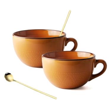 Imagem de hengshukeji Conjunto de 2 canecas de café de cerâmica grande de 700 ml com porta-copos e colher, xícara de sopa de grãos/caneca de café/tigela de salada para café, chá, sorvete, cereais (conjunto com