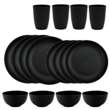 Imagem de Pratos práticos requintados polidos minimalistas pretos puros domésticos - conjunto preto de 16 peças para 4 pessoas