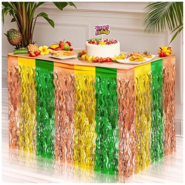 Imagem de Decorações de festa de praia havaiana Luau, 4 pacotes de saias de mesa com franjas verdes e amarelas onduladas, 0,8 x 2,7 m, cortinas de franja metálicas de alumínio para fundo de fotos de aniversário
