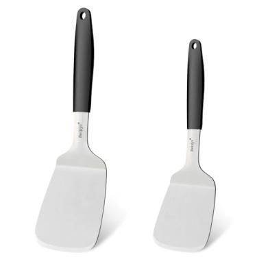 Imagem de Beijiyi Espátulas de aço inoxidável, conjunto de espátulas de metal para cozinhar com alça de silicone, espátula resistente para frigideira de ferro fundido, grelhas de topo plano, utensílios de